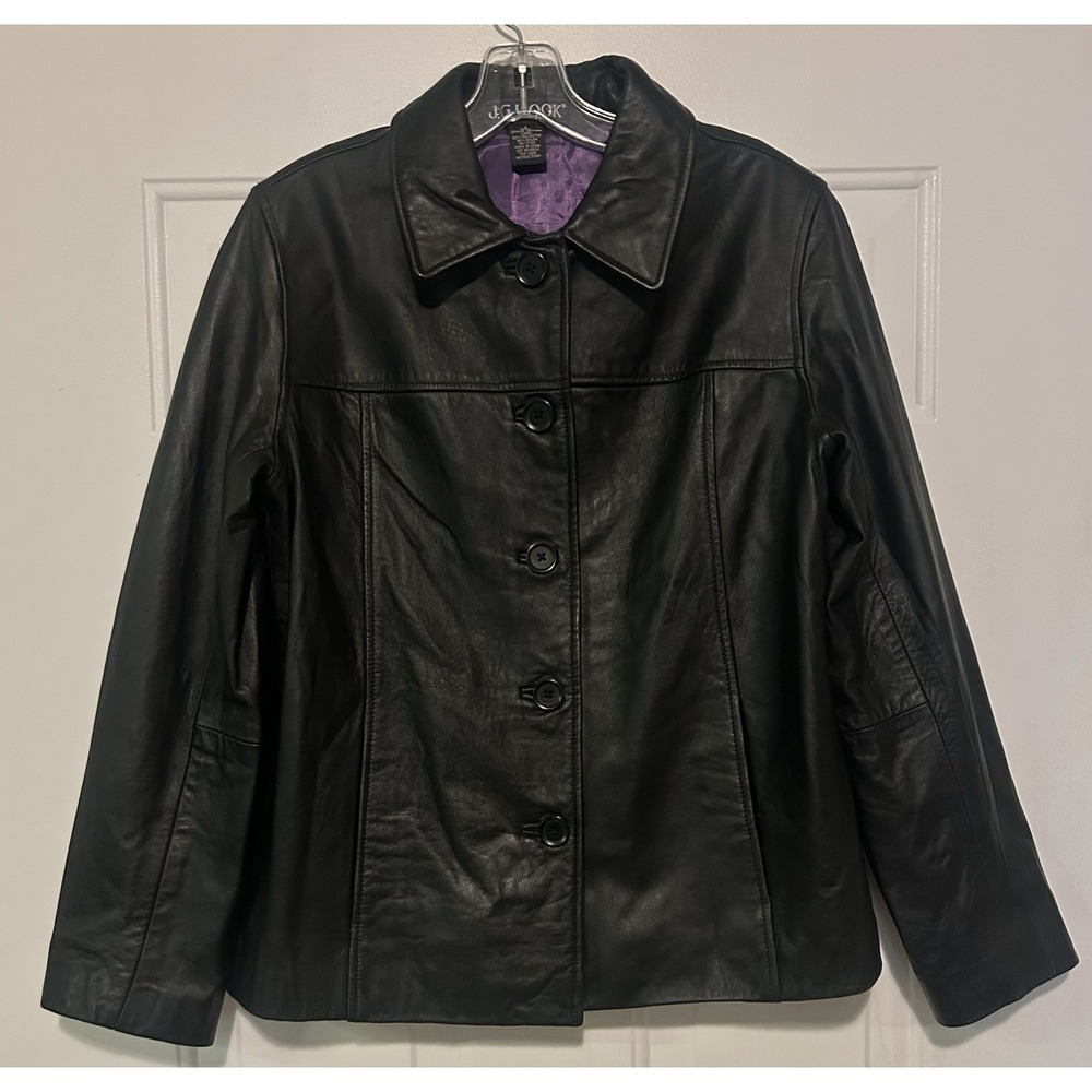 Vintage J.G. Hook Black Leather Jacket Womens‎ S Y2K Button Front Purple Lined